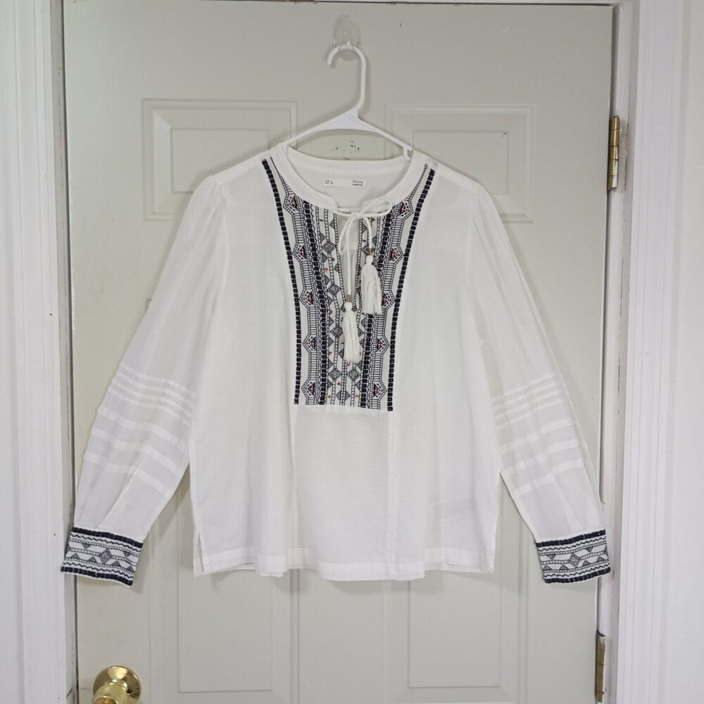 Sfera Blouse Casual Embroidered Boho Womens Tassel Tie Front & Buttoned Cuffs L